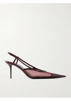 SAINT LAURENT - Renée Cassandre-embroidered Patent Leather-trimmed Mesh Slingback Pumps - Burgundy - EU 35,EU 36,EU 36.5,EU 37,EU 37.5,EU 38,EU 38.5,EU 39,EU 39.5,EU 40,EU 40.5,EU 41,EU 42