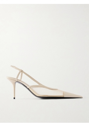 SAINT LAURENT - Renée Cassandre-embroidered Patent Leather-trimmed Mesh Slingback Pumps - Neutrals - EU 35,EU 36,EU 36.5,EU 37,EU 37.5,EU 38,EU 38.5,EU 39,EU 39.5,EU 40,EU 40.5,EU 41,EU 42