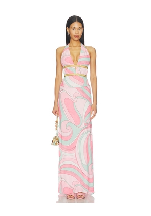Runaway The Label Xylia Halter Low Plunge Maxi Dress in Multi. Size XS. Also in S, M, L, XL.