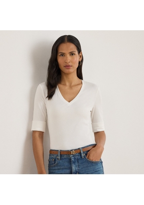 Stretch Cotton Elbow-Sleeve V-Neck Tee