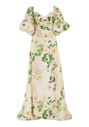 Monique Lhuillier SpecialOrder-Off-the-Shoulder Blouson Gazar Silk Gown with Cape - Moda Operandi