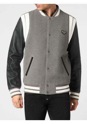 PHILIPP PLEIN Calfskin and Fabric Bomber Jacket with Contrast Trims