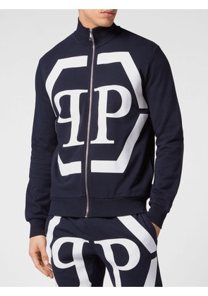 PHILIPP PLEIN Cotton Zip-Up Sweatshirt with High Neck and Monogram Hexagon Logo