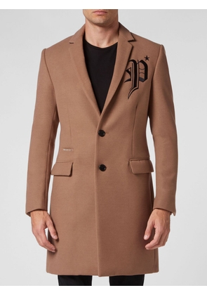 PHILIPP PLEIN Knee-Length Single-Breasted Viscose Coat with Embroidered Logo