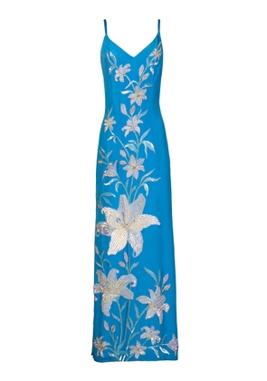 La Fuori Aqua Lily Garden Emb Embroidered Silk Dress - Moda Operandi