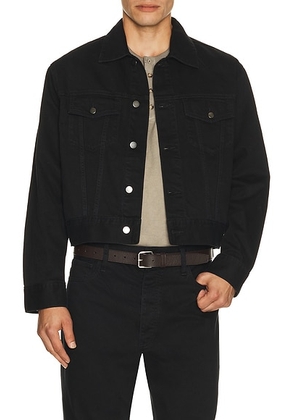 Fear of God ESSENTIALS Classic Denim Jacket in Overdyed Black - Black. Size XS (also in S, M, L, XL/1X, XXXL/3X).