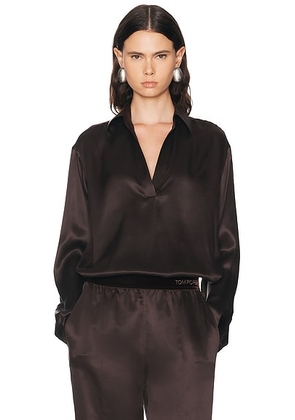 TOM FORD Silk Satin Polo Top in Espresso - Brown. Size 40 (also in 34, 36).
