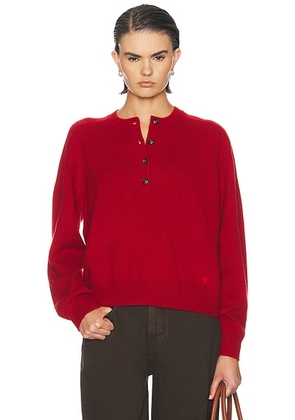 Loulou de Saison Malo Oversized Saddle-Sleeve Henley Sweater in Red M�lang� in Red M?lang? - Red. Size S (also in L, M, XS).