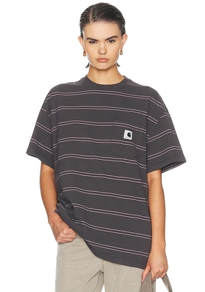 Carhartt WIP Short Sleeve Bert Pocket T-Shirt in Stripe  Graphite  & Hortensia - Charcoal. Size M (also in XS, S, L).