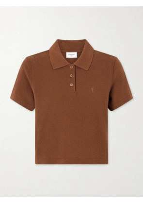 SAINT LAURENT - Cassandre-embroidered Cropped Cotton-piqué Polo Shirt - Brown - x small,small,medium,large,x large