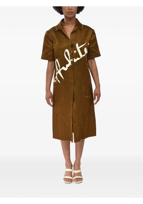 Off-White midi satin shirtdress with printed logo and raw-cut edges - Brown
