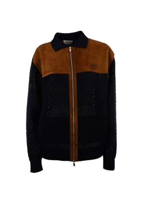 Miu Miu suede-panel crochet-knit cardigan - Blue