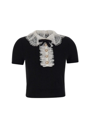 Self-Portrait lace-collar wool top - Black