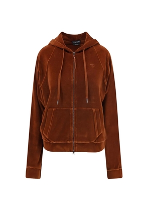 TOM FORD stretch cotton velour zip hoodie with tonal TF embroidered logo - Brown
