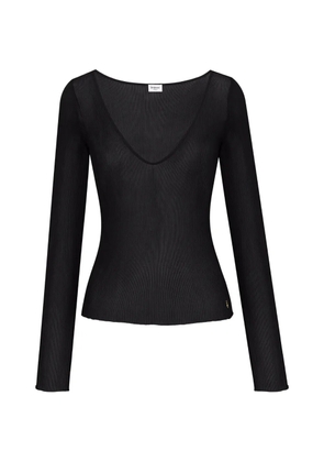 Saint Laurent Cassandre V-neck top in ribbed silk - Black