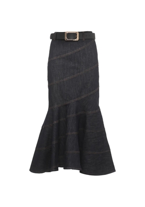 Self-Portrait indigo denim belted midi skirt - Blue