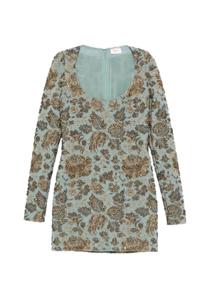 Saint Laurent floral-brocade long-sleeveS mini dress - Blue