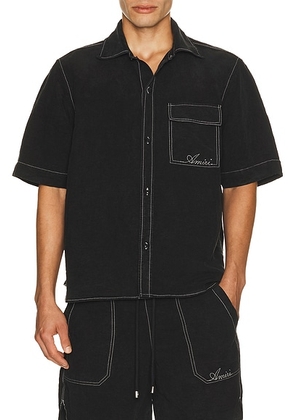 Amiri Script Linen Shirt in Black - Black. Size S (also in L, M, XL/1X, XXL/2X).