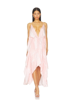 BALMAIN Open Shoulder Foulard Print Dress in Rose & Blanc in Pink. Size 36. Also in 38.