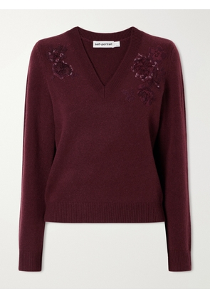 Self-Portrait - Floral-embellished Wool-blend Cardigan - Burgundy - x small,small,medium,large