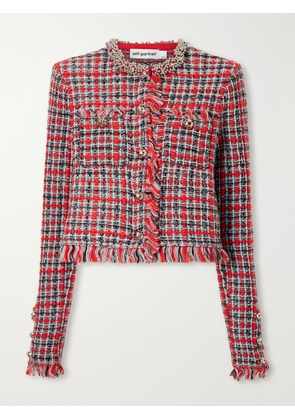 Self-Portrait - Embellished Cotton And Wool-blend Bouclé-knit Frayed Jacket - Red - x small,small,medium,large