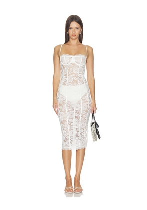 MORE TO COME Esme Corset Midi Dress in White. Size XXS. Also in XS, S, M, L, XL.