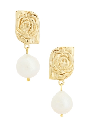 Magda Butrym Floral Pearl Earrings in Metallic Gold.