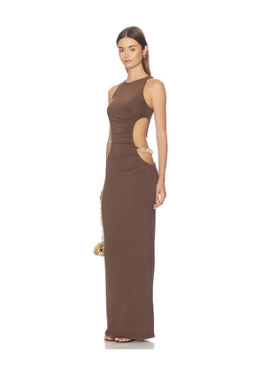 MORE TO COME Juna Cut Out Maxi Dress in Brown. Size XXS. Also in XS, S, M, L, XL.