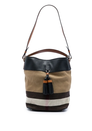 Burberry Pre-Owned 2000-2017 Medium Mega Check Canvas and Grained Calfskin Ashby Tassel Bucket Bag satchel - Brown