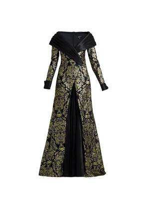 Tadashi Shoji Sorella floral-brocade pleated-collar maxi dress - Black