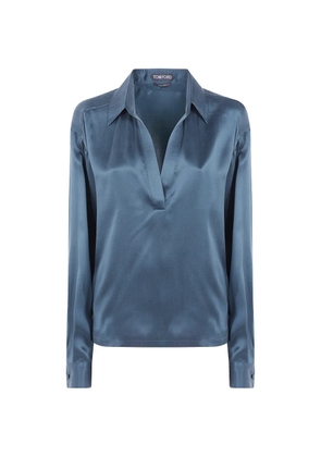TOM FORD peach-feel silk satin polo with tonal TF embroidered logo - Blue