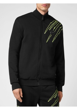 Plein Sport High Neck Cotton Zip-Up Sweatshirt with Graphic Print