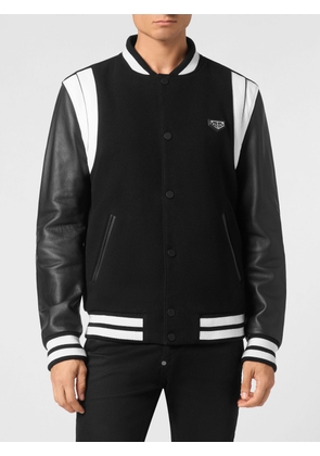 PHILIPP PLEIN Calfskin and Fabric Bomber Jacket with Contrast Trims