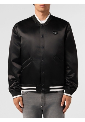 PHILIPP PLEIN Padded Satin Varsity-Style Bomber Jacket with Button Closure