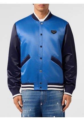 PHILIPP PLEIN Padded Satin Varsity-Style Bomber Jacket with Button Closure