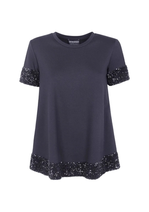 Emporio Armani short-sleeved viscose jumper with sequined cuffs and hem - Black
