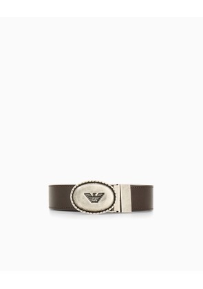 Suede and grained leather belt with oval logo plaque