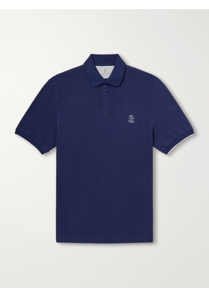 Brunello Cucinelli - Logo-Print Cotton-Piqué Polo Shirt - Men - Blue - S