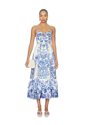 Camilla Ruffle Hem Tie Front Maxi Dress in Blue. Size L. Also in XS, S, M, XL.