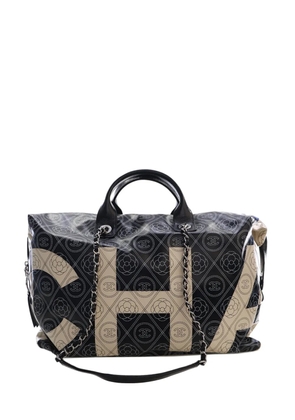 CHANEL Pre-Owned 2018 Large Coated Canvas Camellia Maxi Logo Bowling Bag satchel - Black