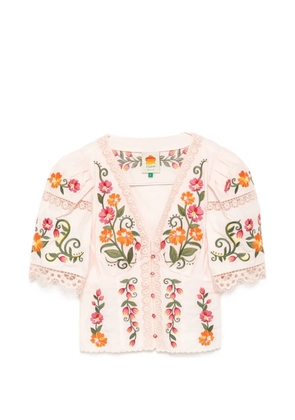 FARM Rio flower embroidered puff-sleeve blouse - Pink