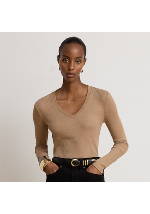 Rib-Knit Long-Sleeve V-Neck Top
