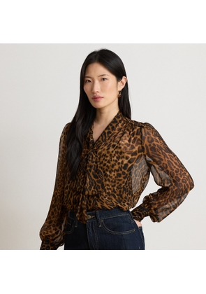 Ocelot-Print Chiffon Tie-Neck Blouse
