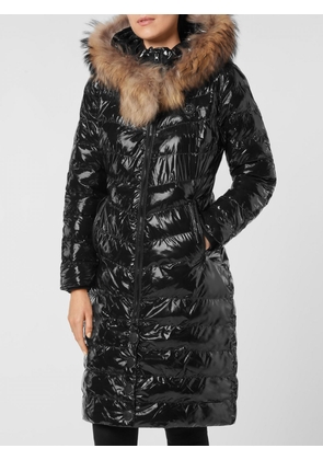 PHILIPP PLEIN Slim Fit Knee-Length Down Jacket in Nylon with Fur Collar