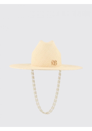 RUSLAN BAGINSKIY Wide-Brim Raffia Hat with Pearls and Chain Mail