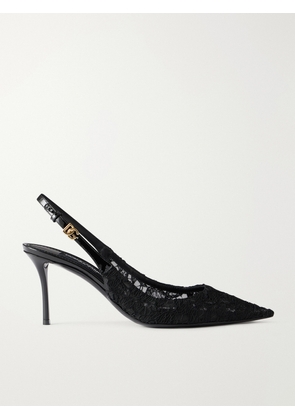 Dolce & Gabbana - Logo-detailed Patent Leather-trimmed Lace Slingback Pumps - Black - IT35,IT36,IT37,IT38,IT39,IT40,IT41