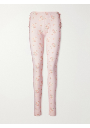 Simone Rocha - Ruffled Floral-print Pointelle-knit Cotton-jersey Leggings - Pink - x small,small,medium,large,x large