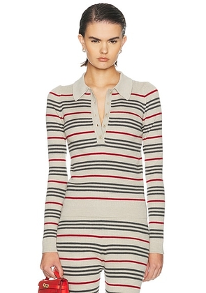 The Elder Statesman Libeccio Stripe Polo Sweater in Ecru  Red  & Stone - Multi. Size S (also in XS, M, L).
