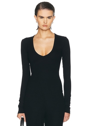 Eterne Long Sleeve Butter Rib V Neck Top in Black - Black. Size M (also in XS, S, L, XL).