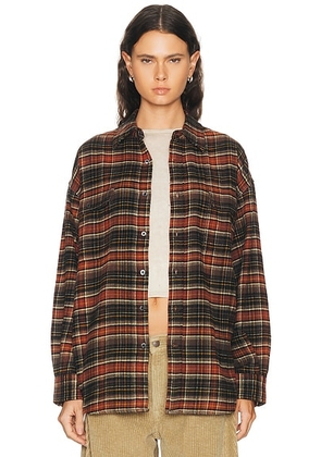 R13 Boyfriend Shirt in Brown & Dark Grey Plaid - Brown. Size M (also in XS, S, L).
